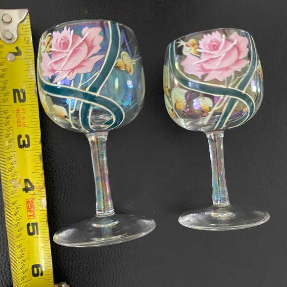 Wine Glass Small Hand Painted Rose and Buds Pink with Green 4.5" Set of Two - Picture 3 of 8